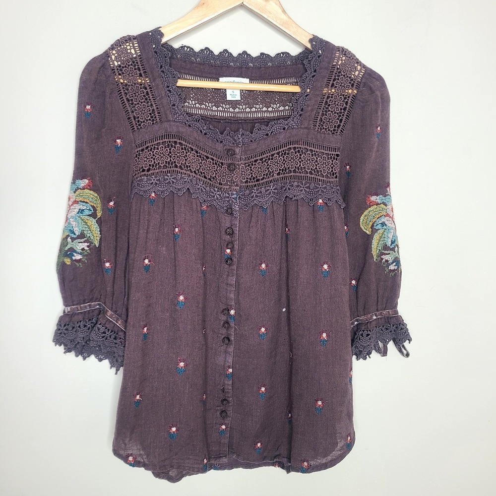 Sundance Brown Square Neck Lacy Embroidered Linen Blend Top Blouse Boho Small - Picture 2 of 8
